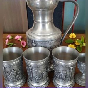 Antique German Pewter Pitcher , 3 cups and 1 small, total set 5 pcs